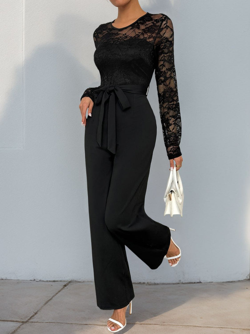 Perfee Lace Round Neck Long Sleeve Jumpsuit